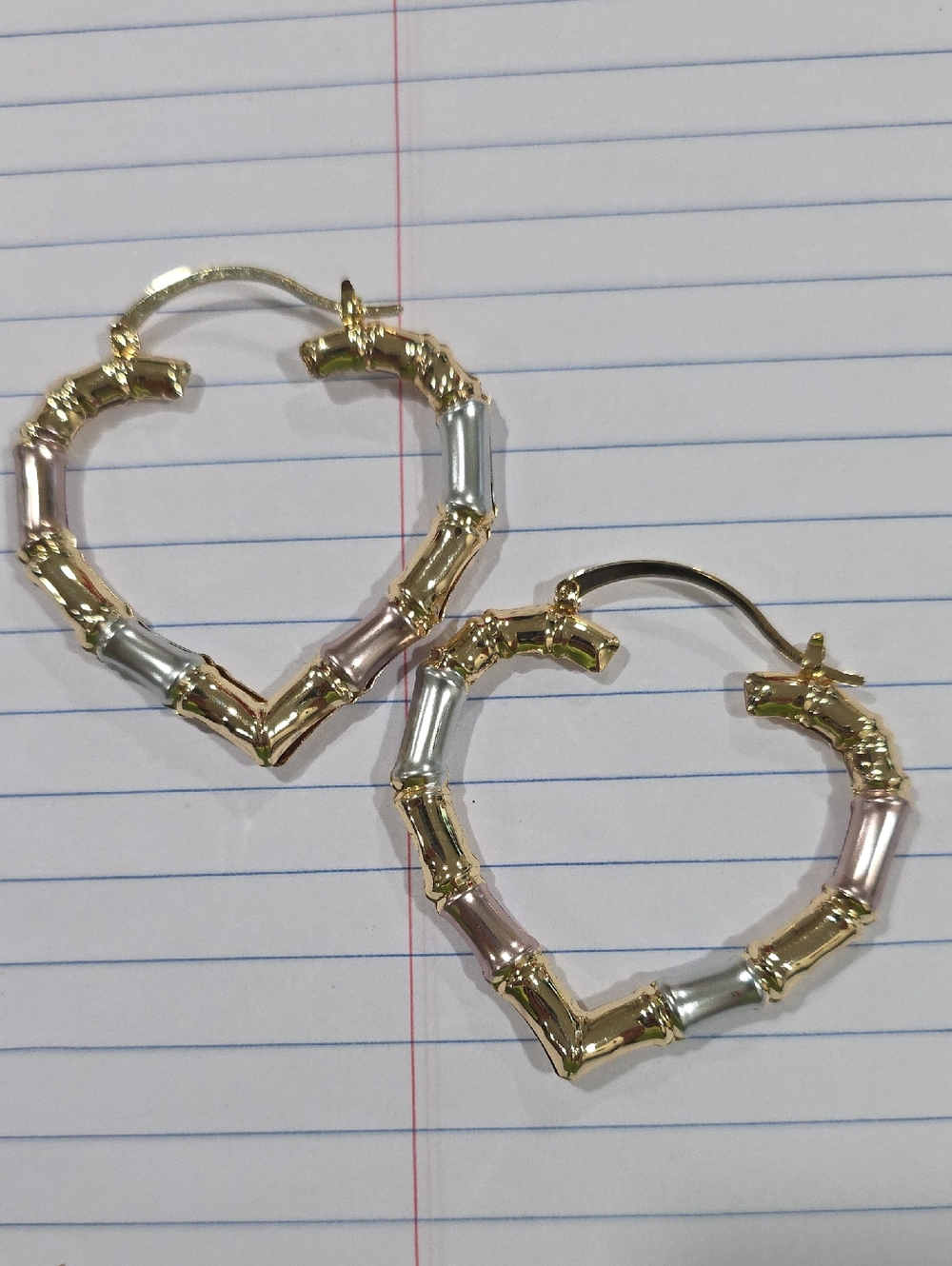 14k Tri-Tone Plated Bamboo Hoop Heart Earrings - Gold, Silver & Rose